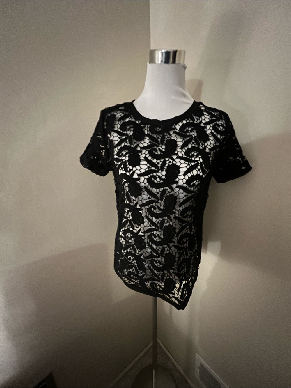 LOFT Black Lace Short-Sleeve Crochet Top